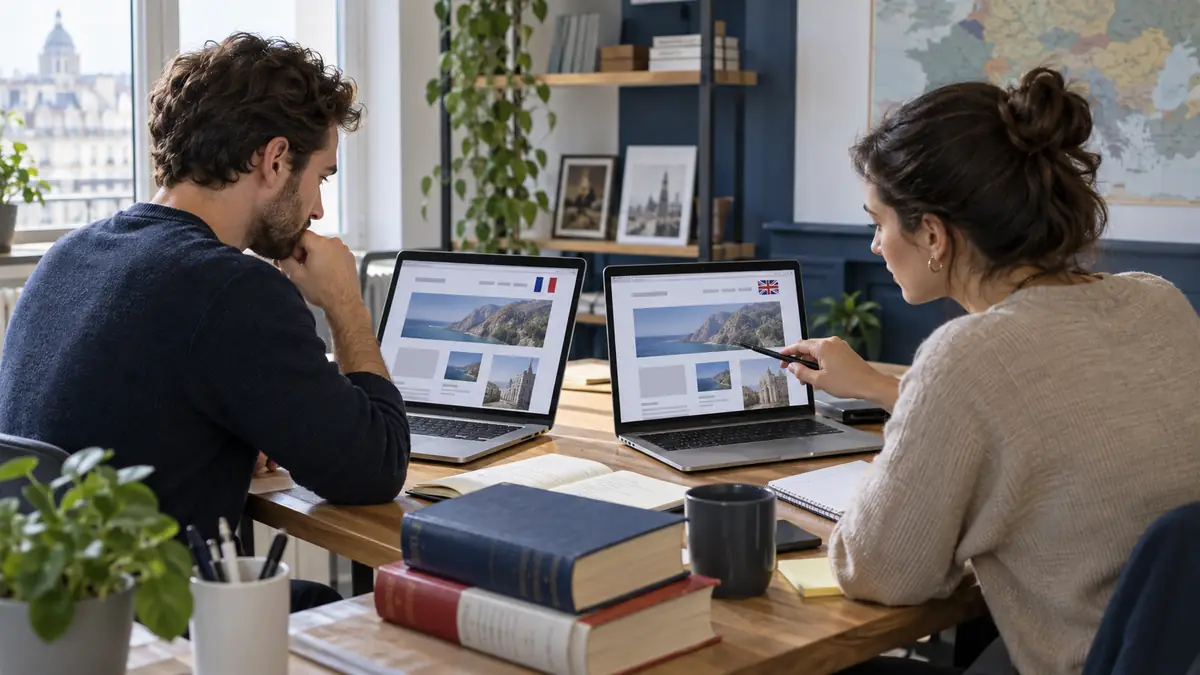 Deux personnes comparant les versions française et anglaise d’une page web