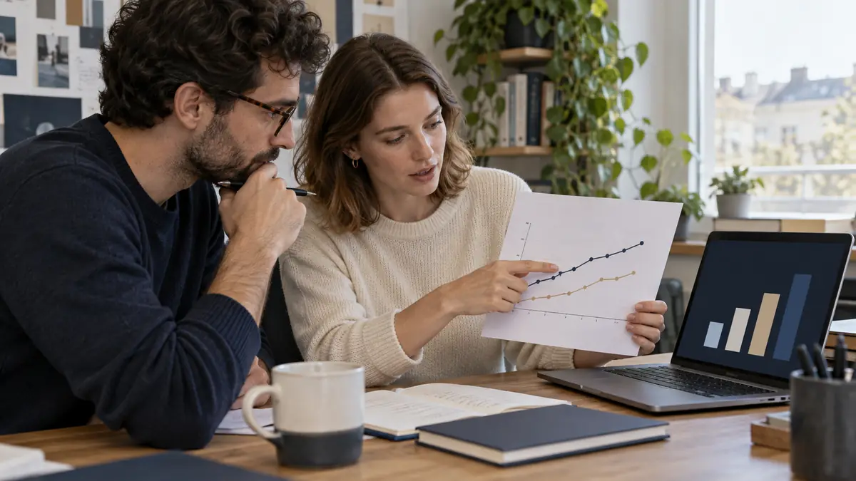 Two people comparing a printed chart with data bars on a laptop