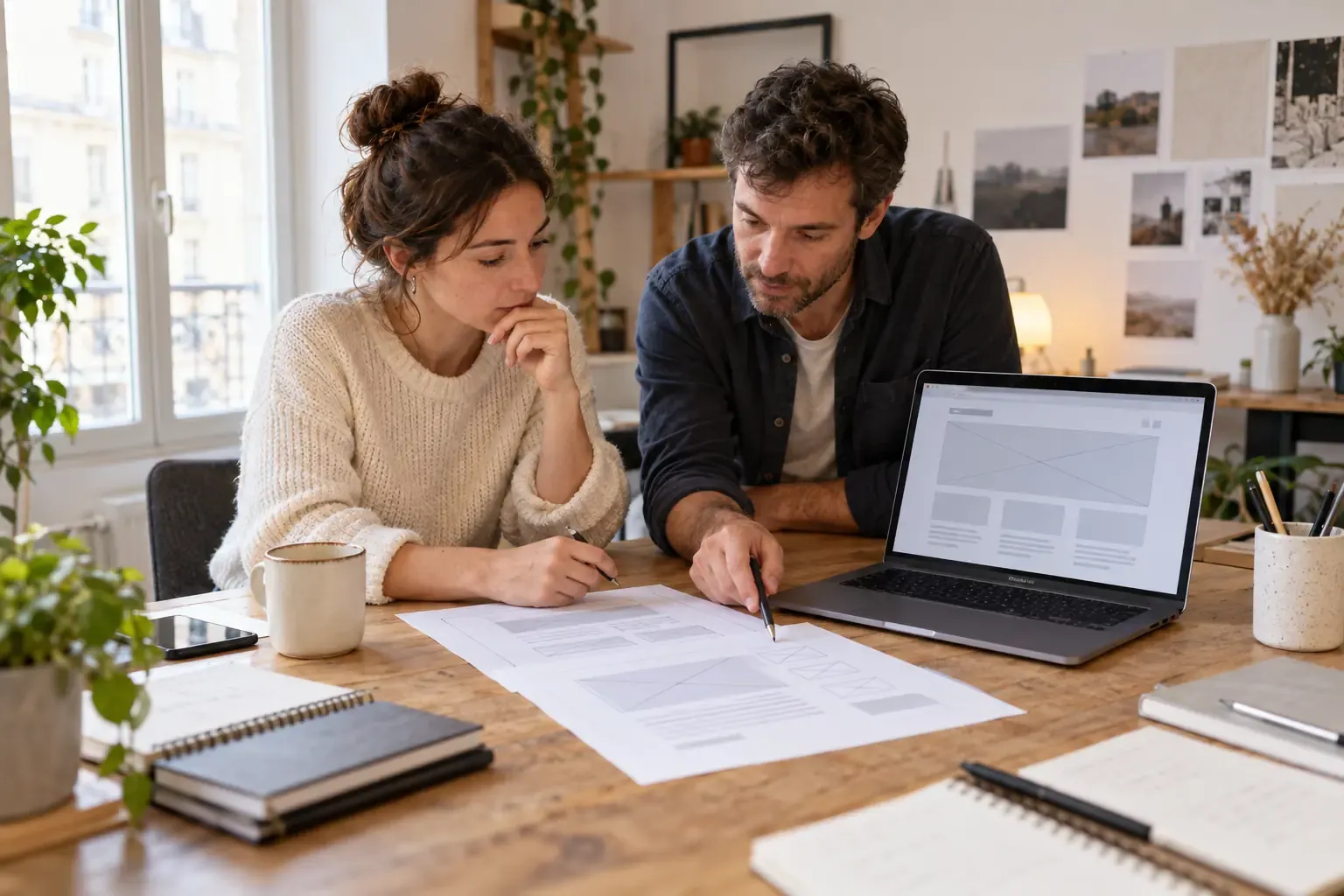 Two people organizing a service page on paper and a laptop