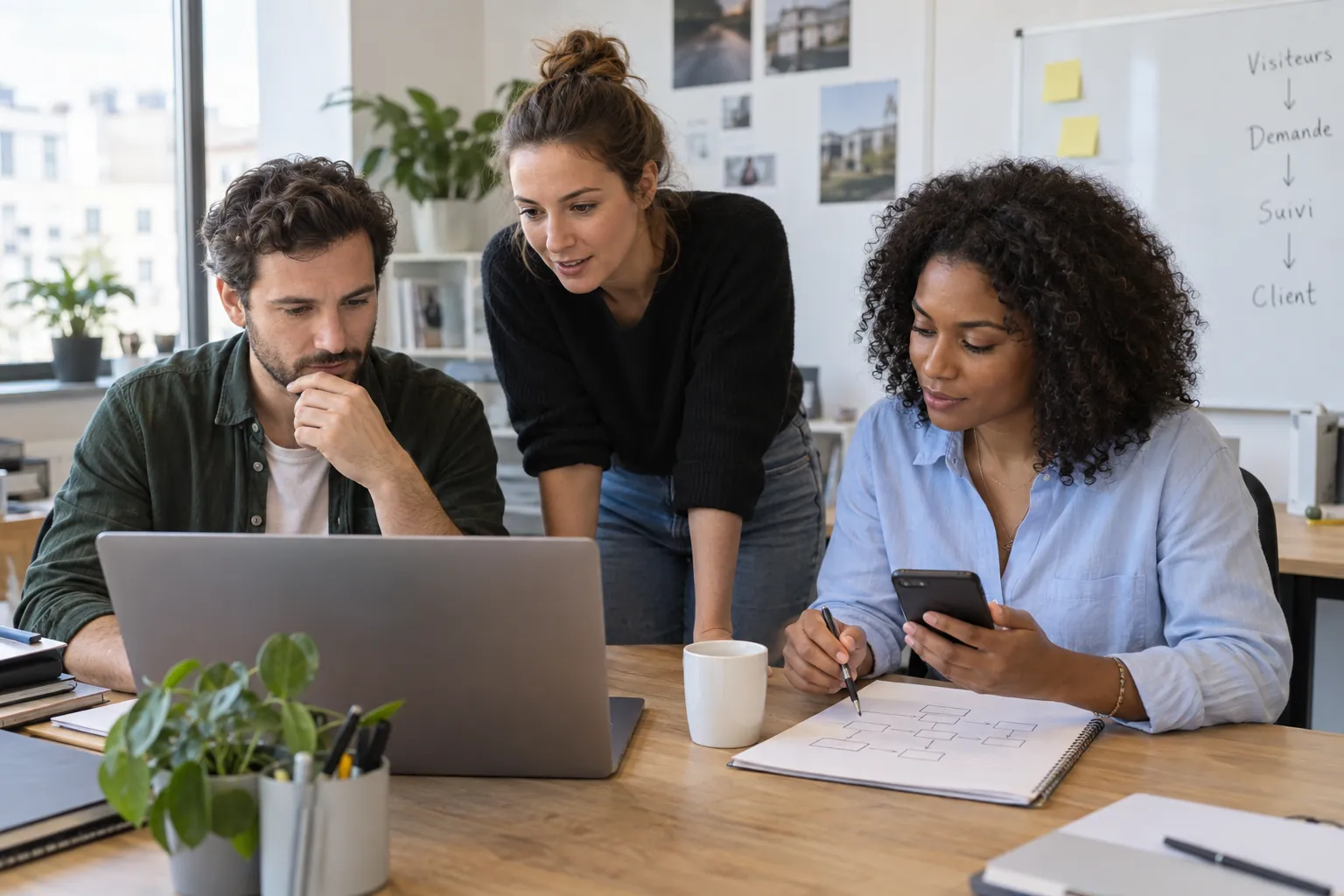 Team reviewing the route of an enquiry across a computer, phone and workflow notes