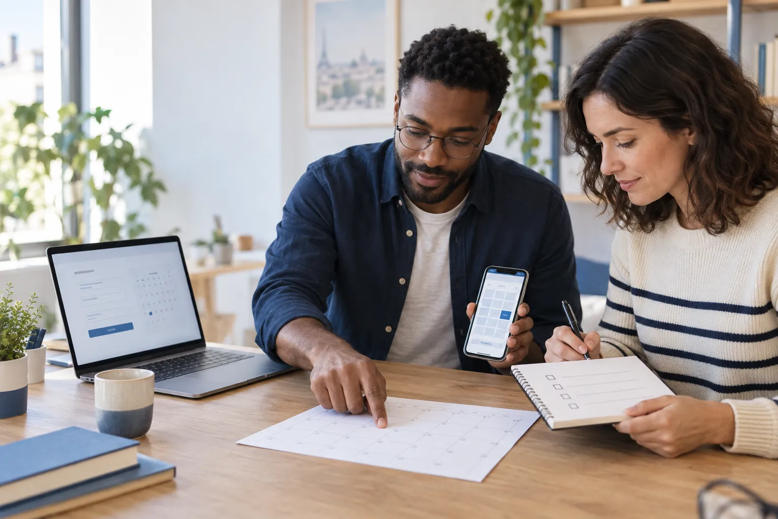 Two colleagues checking a calendar, booking form and phone