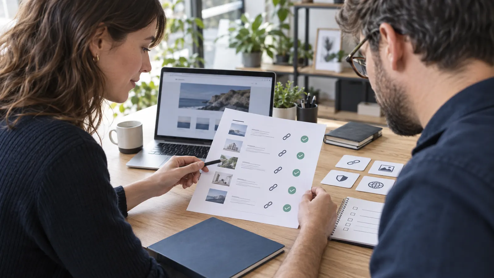 Editorial team checking links and visual identities across several screens