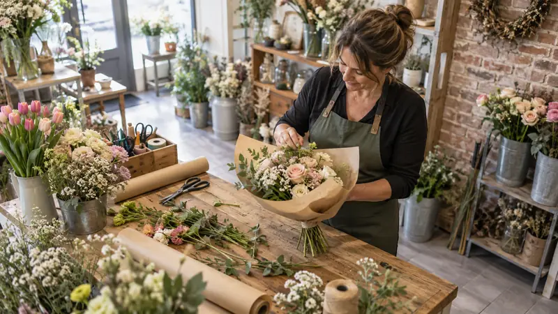Abbildung: Blumensträuße und Ausrüstung in einem Blumenladen
