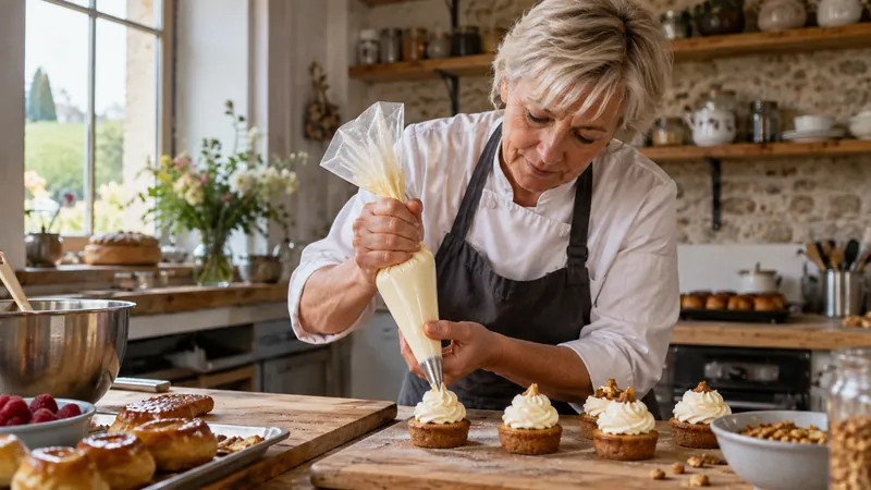 Illustration: Fertigstellen von Desserts in einer Gebäckwerkstatt