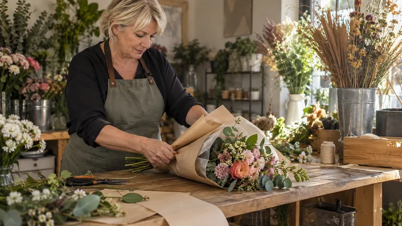 Abbildung: Zusammensetzung eines Blumenstraußes in einer Floristenwerkstatt