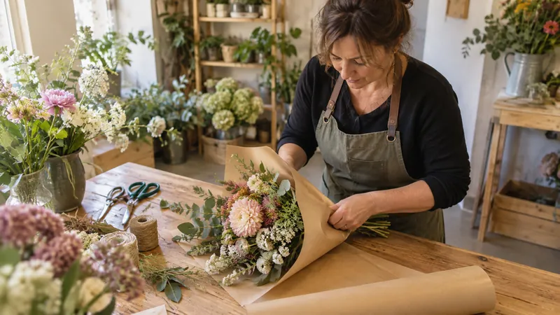 Illustrazione: Composizione di un bouquet nel laboratorio di un fiorista