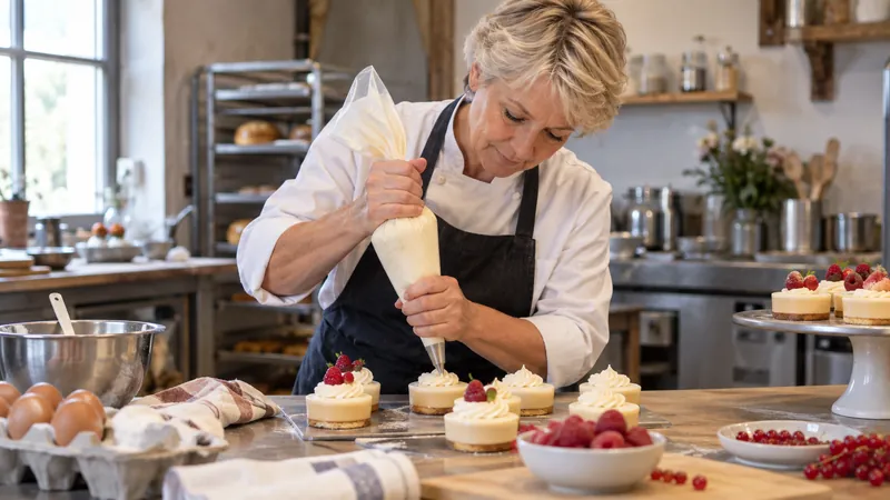 Illustration: Fertigstellen von Desserts in einer Gebäckwerkstatt