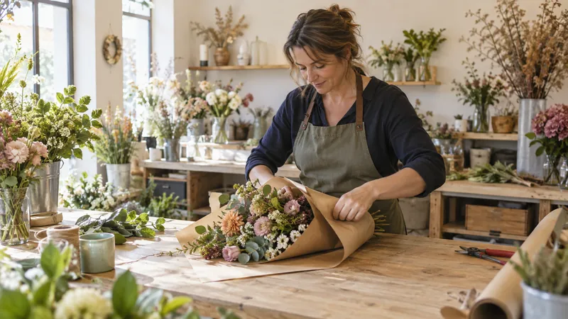 Abbildung: Zusammensetzung eines Blumenstraußes in einer Floristenwerkstatt
