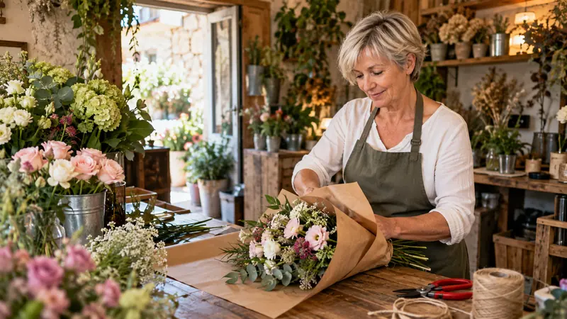 Abbildung: Blumensträuße und Ausrüstung in einem Blumenladen