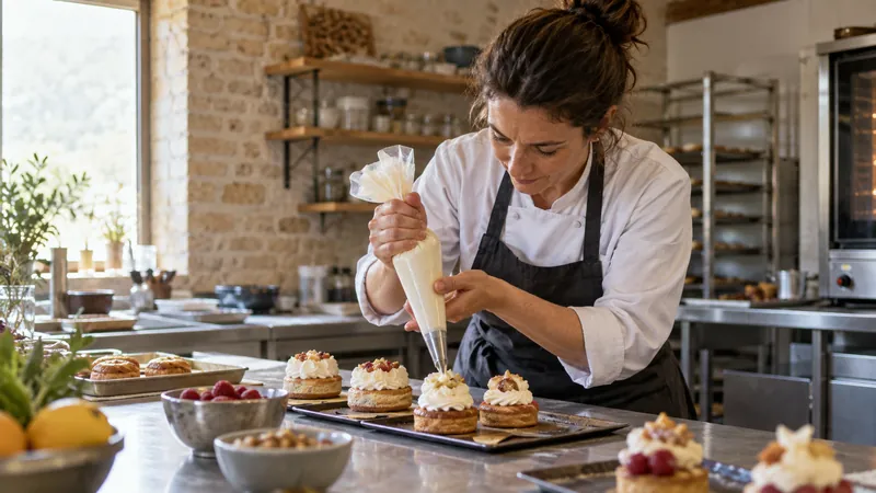 Illustration: Fertigstellen von Desserts in einer Gebäckwerkstatt