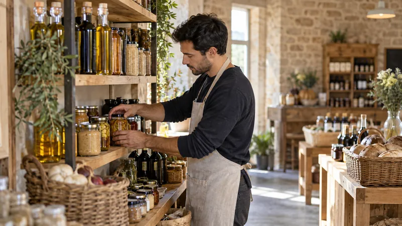 Ilustración: Productos artesanales presentados en una tienda de delicatessen