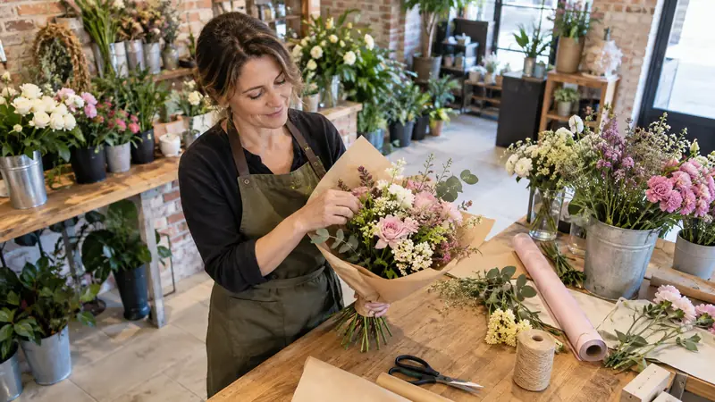 Ilustración: Ramos y equipamiento en una floristería