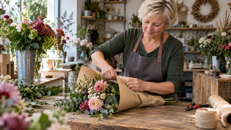 Illustratie: Samenstelling van een boeket in een bloemistenworkshop