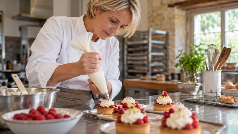 Illustration: Fertigstellen von Desserts in einer Gebäckwerkstatt
