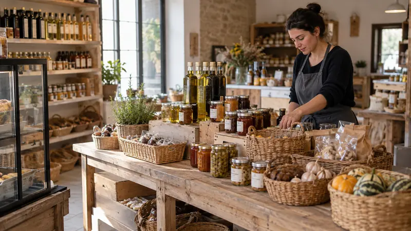 Ilustración: Productos artesanales presentados en una tienda de delicatessen