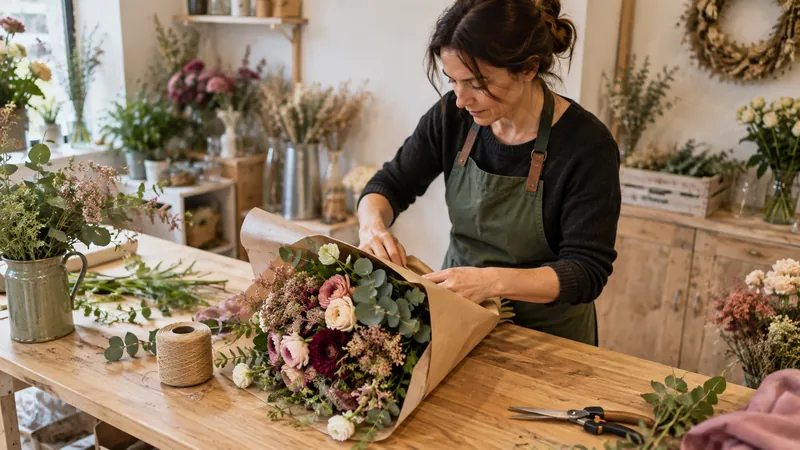 Ilustración: Composición de un ramo en un taller de floristería
