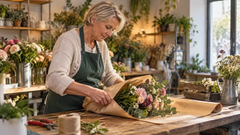 Abbildung: Zusammensetzung eines Blumenstraußes in einer Floristenwerkstatt