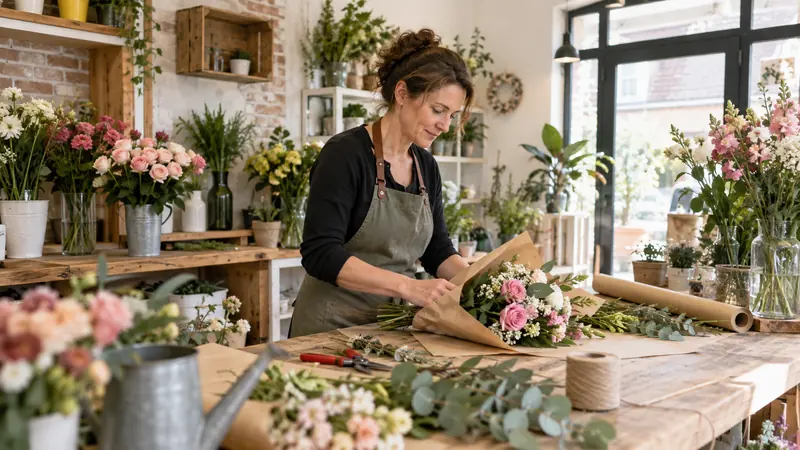 Illustration: Bouquets and equipment in a florist's shop