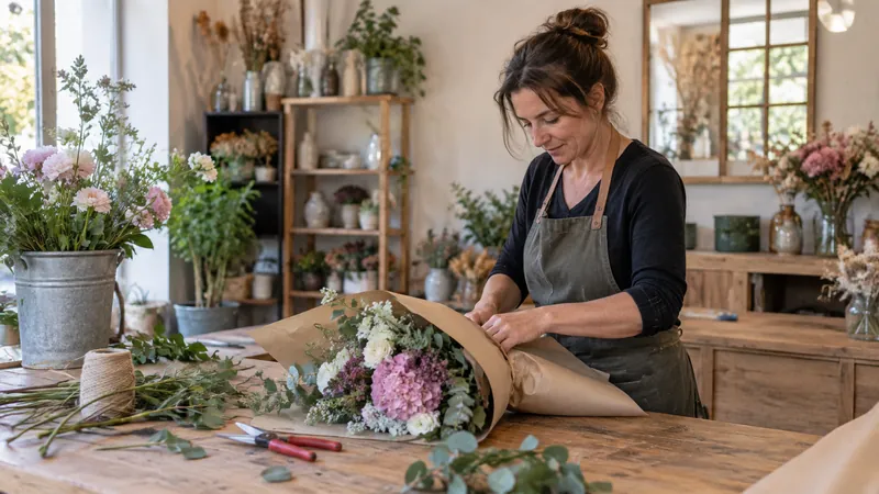 Abbildung: Zusammensetzung eines Blumenstraußes in einer Floristenwerkstatt