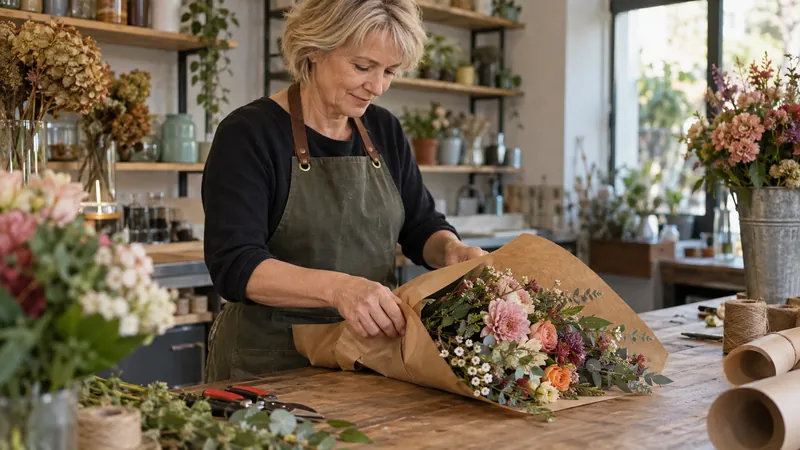 Abbildung: Zusammensetzung eines Blumenstraußes in einer Floristenwerkstatt