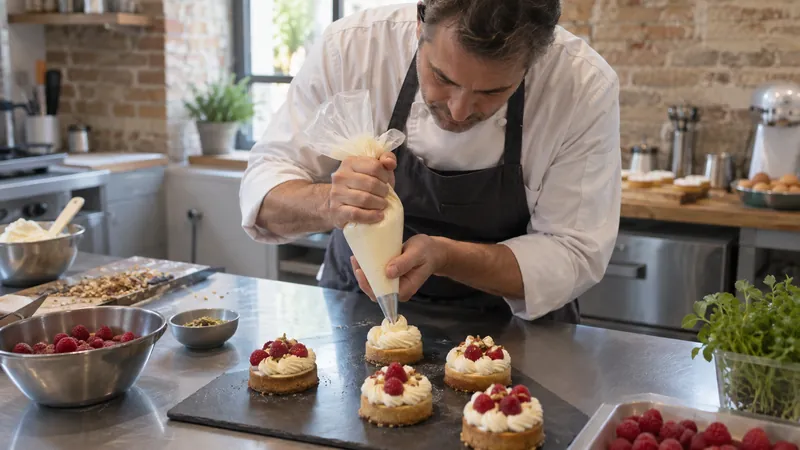 Illustration: Fertigstellen von Desserts in einer Gebäckwerkstatt