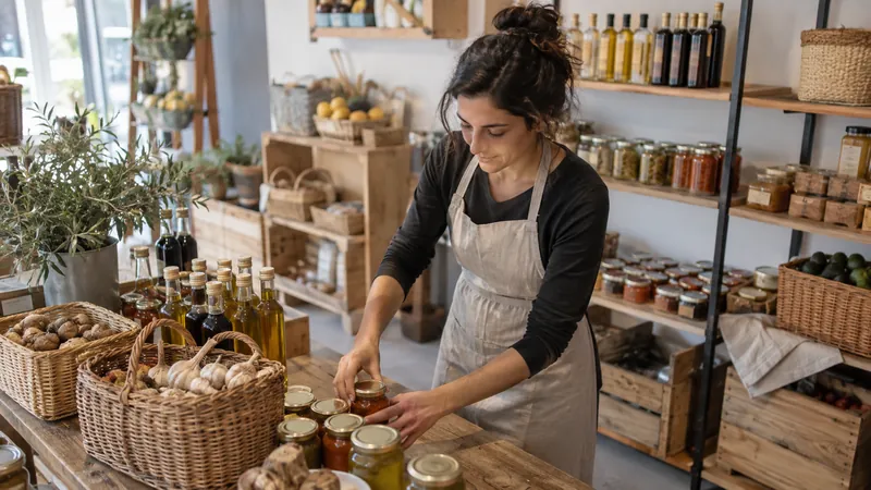 Ilustración: Productos artesanales presentados en una tienda de delicatessen