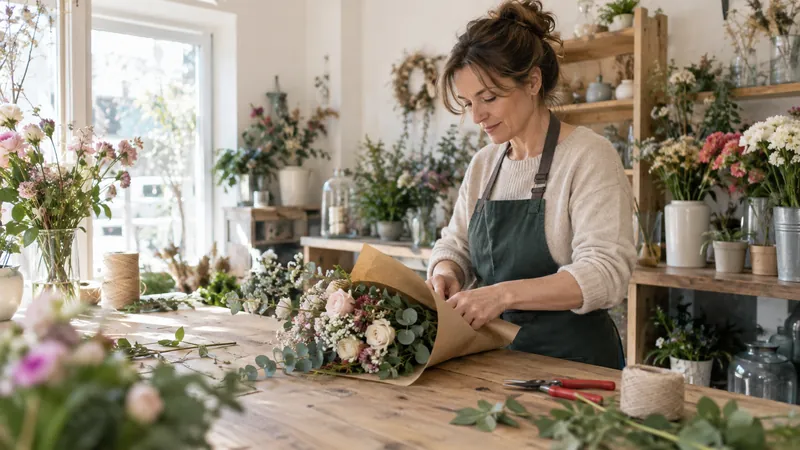 Ilustración: Composición de un ramo en un taller de floristería