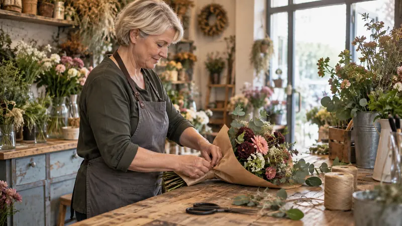Ilustración: Composición de un ramo en un taller de floristería