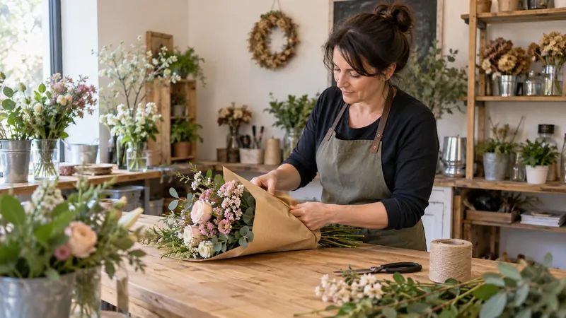 Illustrazione: Composizione di un bouquet nel laboratorio di un fiorista
