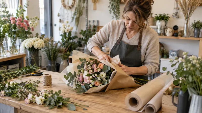Illustrazione: Composizione di un bouquet nel laboratorio di un fiorista