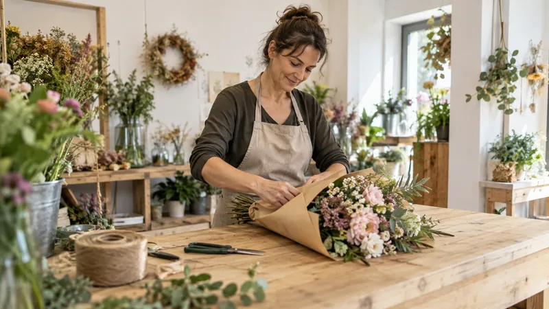 Abbildung: Zusammensetzung eines Blumenstraußes in einer Floristenwerkstatt