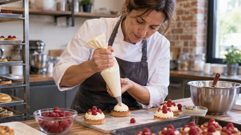 Illustration: Fertigstellen von Desserts in einer Gebäckwerkstatt