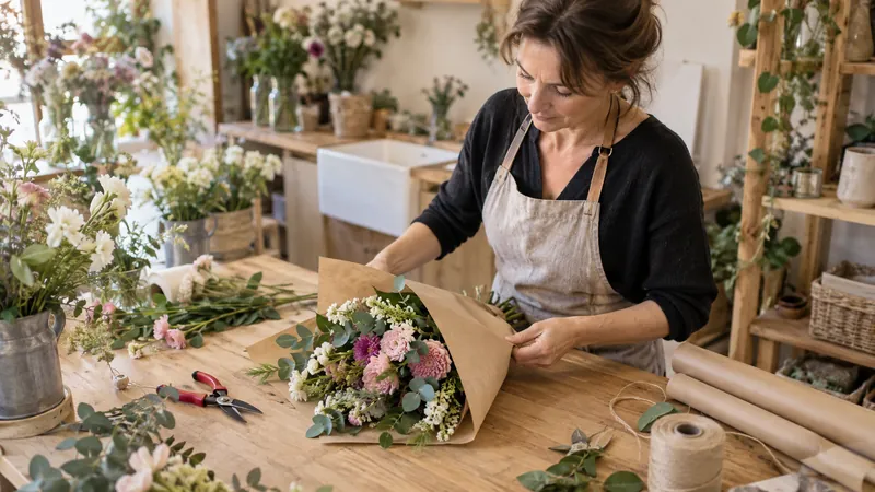Ilustración: Composición de un ramo en un taller de floristería