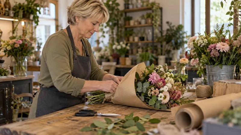 Ilustración: Composición de un ramo en un taller de floristería