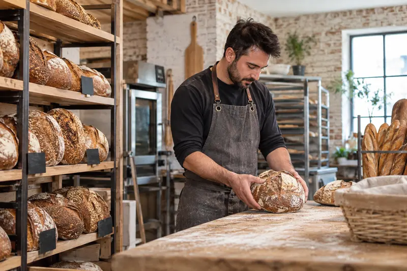 Abbildung: Handwerkerbrote in der Bäckerei präsentiert