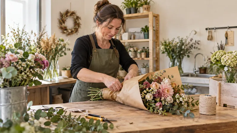 Abbildung: Zusammensetzung eines Blumenstraußes in einer Floristenwerkstatt