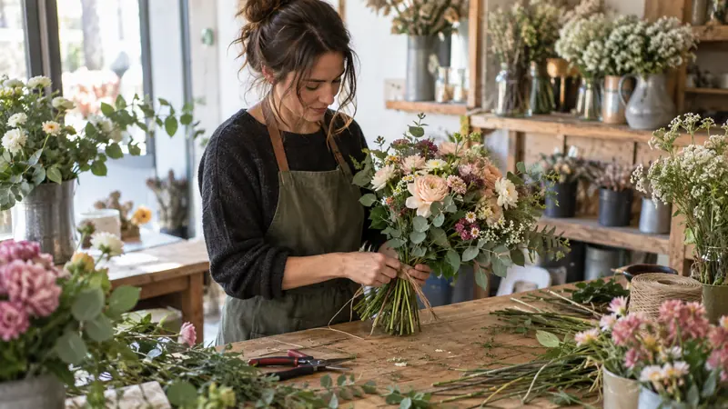 Abbildung: Zusammensetzung eines Blumenstraußes in einer Floristenwerkstatt