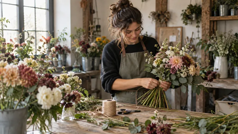 Illustration: Composition of a bouquet in a florist's workshop