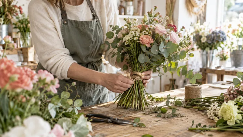 Illustratie: Samenstelling van een boeket in een bloemistenworkshop