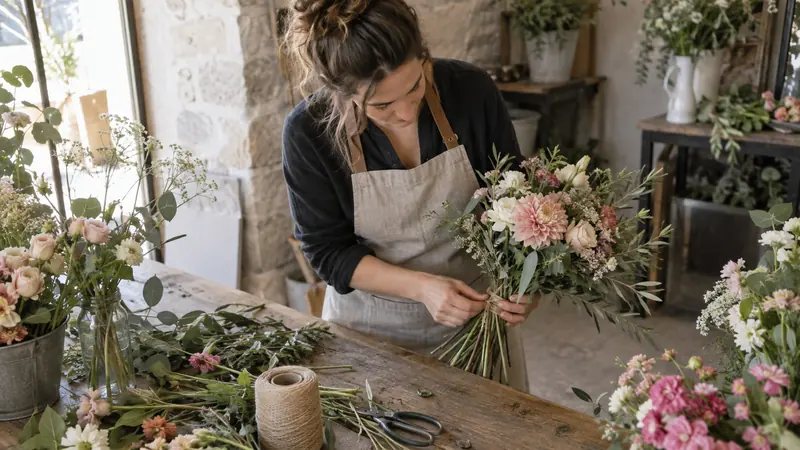 Abbildung: Zusammensetzung eines Blumenstraußes in einer Floristenwerkstatt