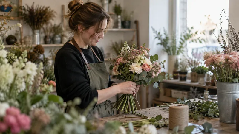 Illustration: Composition of a bouquet in a florist's workshop