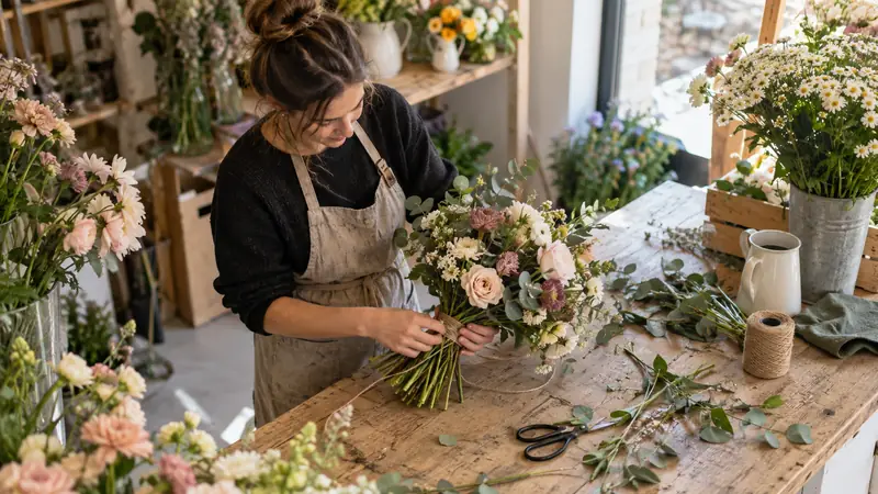 Abbildung: Zusammensetzung eines Blumenstraußes in einer Floristenwerkstatt