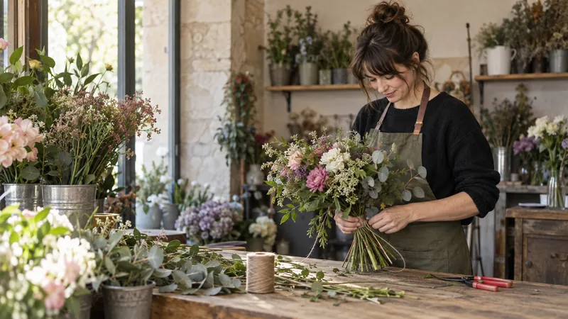 Illustration: Composition of a bouquet in a florist's workshop