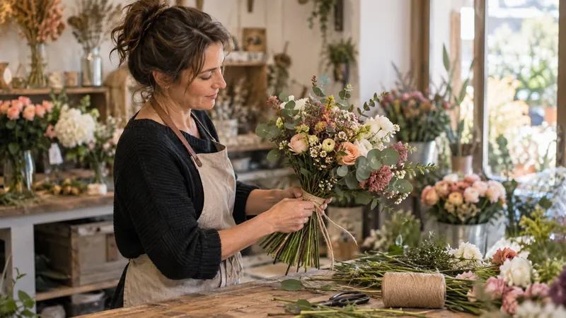 Illustrazione: Composizione di un bouquet nel laboratorio di un fiorista