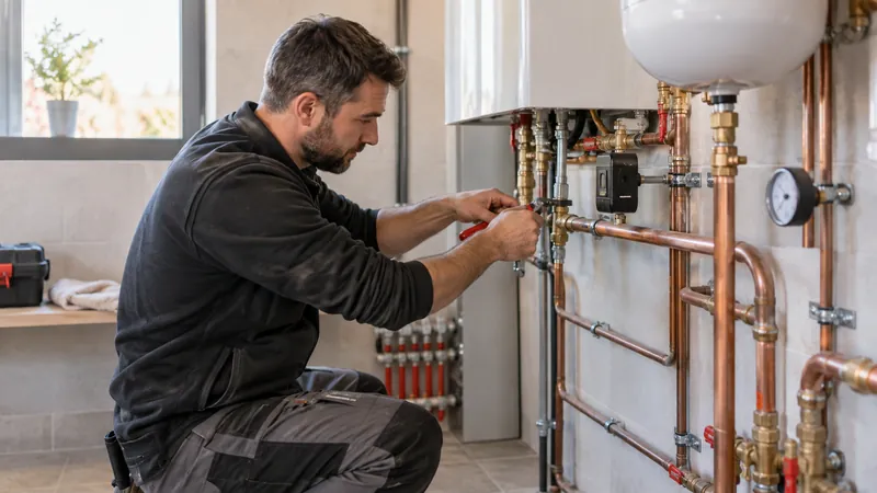 Illustrazione: controllo di un'installazione da parte di un idraulico riscaldante