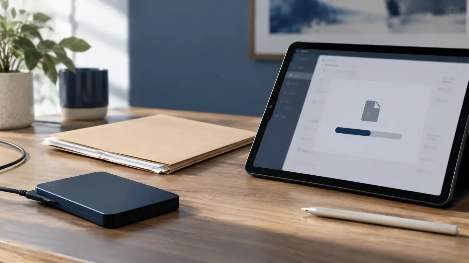 External drive, folder and upload interface on a tablet