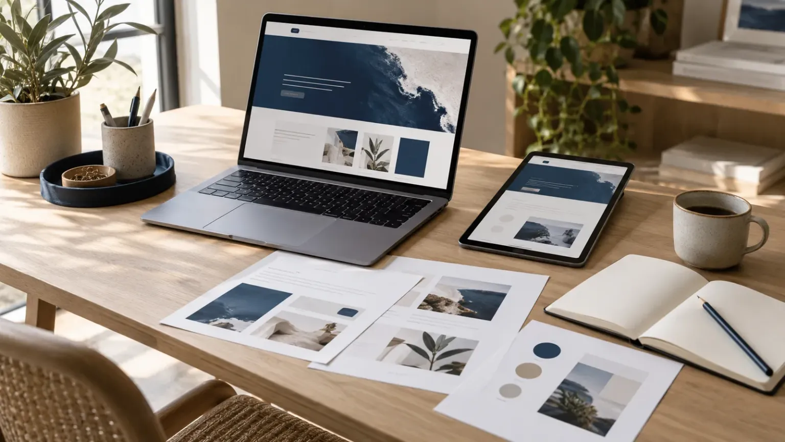 Ordinateur, tablette et maquettes sur un bureau