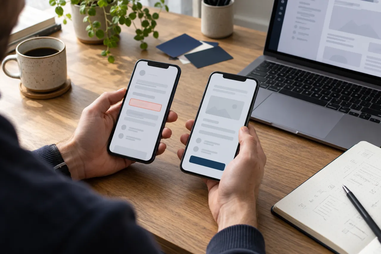 Illustration IA : comparaison de deux interfaces sur des téléphones au-dessus d’un bureau