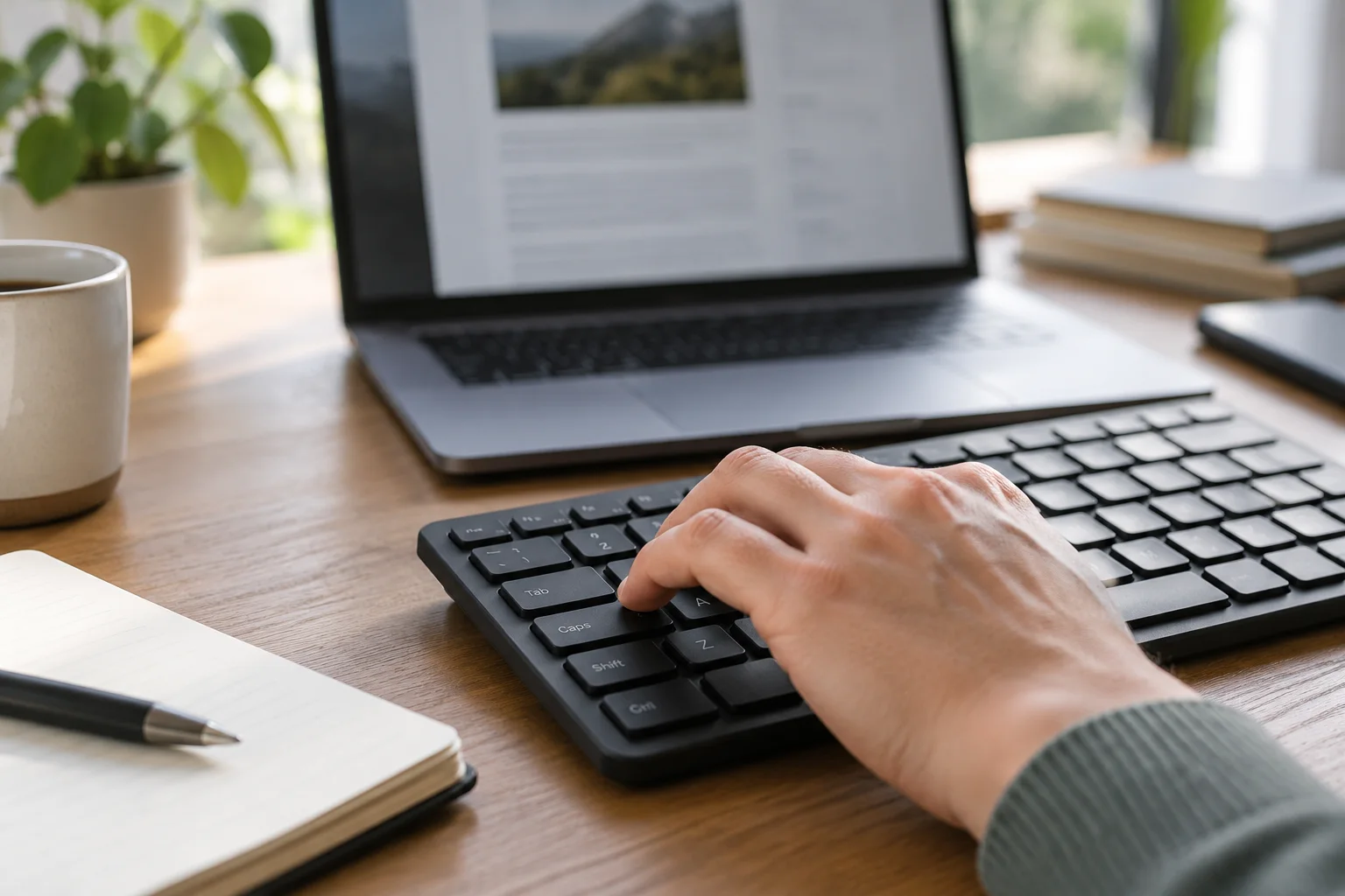Main utilisant un clavier externe à côté d’un ordinateur portable