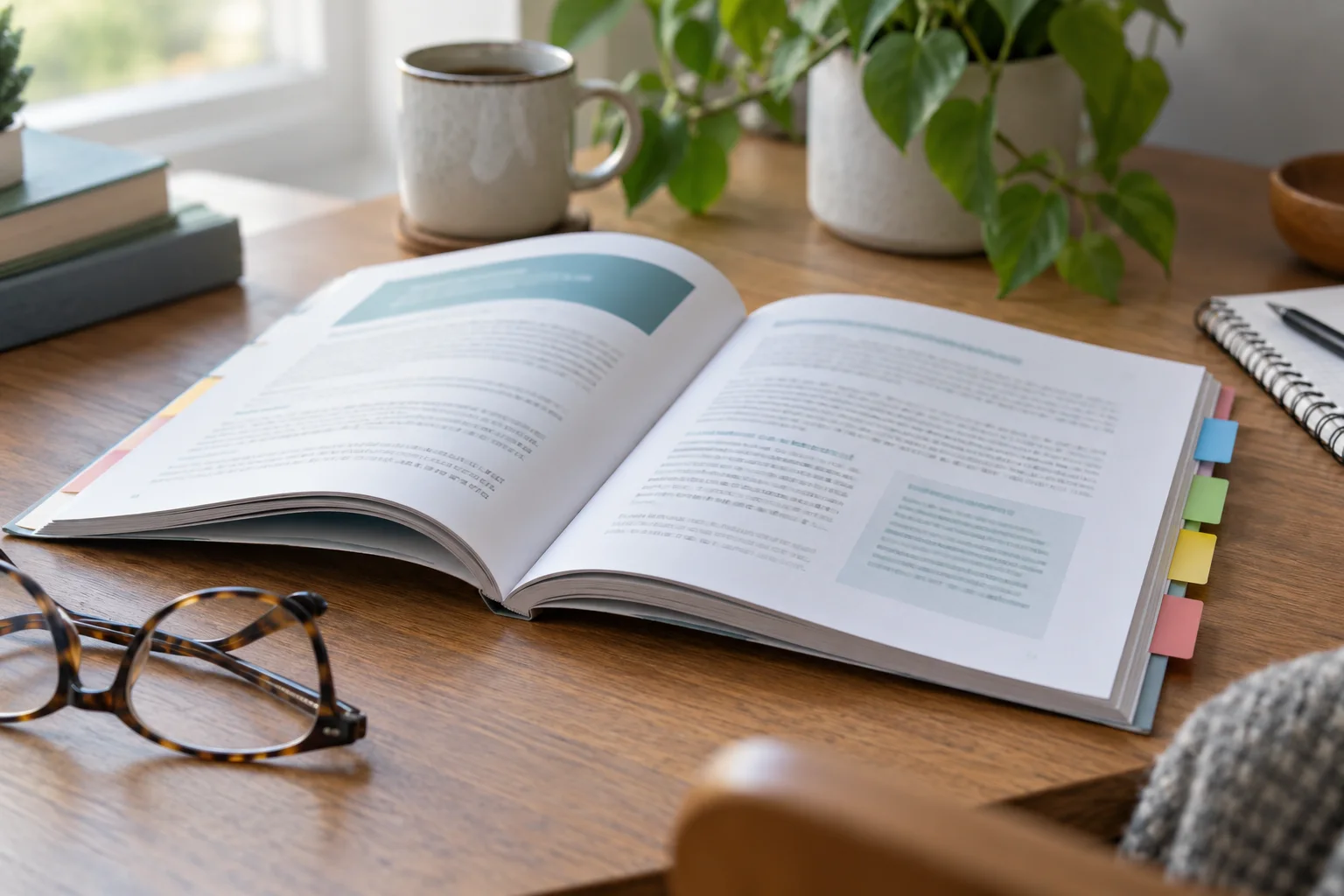 Folleto abierto con pestañas y gafas de lectura